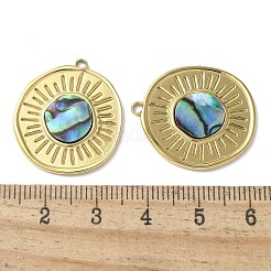 Flat Round 304 Stainless Steel Natural Paua Shell/White Shell Pendants Ion Plating(IP)&nbsp;STAS-U037-10G-01