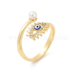 Evil Eye Brass Micro Pave Clear Cubic Zirconia Open Cuff Rings for Women. with ABS Plastic Imitation Pearl and Enamel&nbsp;RJEW-G343-20G