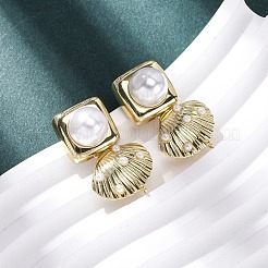 Brass Square with Shell Shape Dangle Stud Earrings&nbsp;EJEW-H165-01B-G