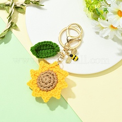 手編みのひまわりと合金エナメルのミツバチのキーホルダー  編み物の花と葉のキーリング、ブローチピン付き、バッグやバックパックのチャームとして使用可能  ゴールドカラー  110mm&nbsp;KEYC-YW00305