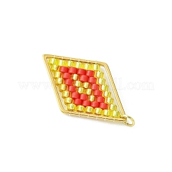 ガラスシードビーズ菱形ペンダント  丸カン付き  レッド  26x16.5x2.2mm  穴：2.5mm&nbsp;PALLOY-MZ00528-01