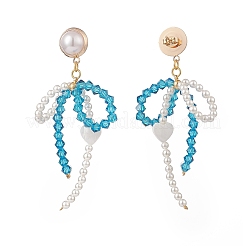 シェルパールとガラスの蝶結びとハートのダングルスタッドピアス  女性のための真鍮のアクセサリー  ディープスカイブルー  73mm  ピン：0.9mm&nbsp;EJEW-TA00146