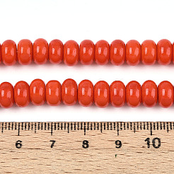 オペークスプレープリントガラスビーズ  ロンデル  レッドオレンジ  8~8.5x4.5~5mm  穴：1.2mm  約75~77個/連  14.96インチ（38cm）&nbsp;X-GLAA-ZX008-8mm-18M