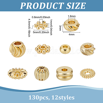 真鍮製スペーサービーズ  混合図形  18KGP本金メッキ  3~8x1~3mm  穴：1~2mm  130個/セット&nbsp;KK-ME0003-79-1