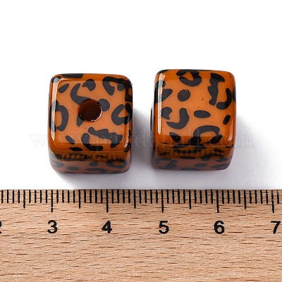不透明なアクリルビーズ  正方形  ヒョウ柄の模様で  サドルブラウン  15x15x15mm  穴：3.5mm&nbsp;OACR-Q102-01A-1