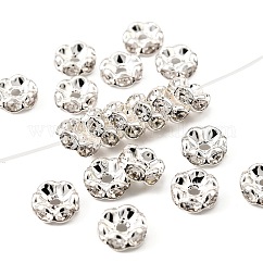 Brass Rhinestone Spacer Beads, Grade AAA, Wavy Edge, Nickel Free, Silver Color Plated, Rondelle, Crystal, 8x3.8mm, Hole: 1.5mm