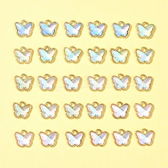 合金ガラスチャーム30個  蝶  ゴールドカラー  9x9.5x3.5mm  穴：1mm&nbsp;FIND-FS0002-79