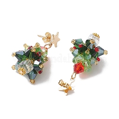 ガラスダングルピアス  304ステンレススチール製金具付き  クリスマスツリー  濃い緑  ゴールドカラー  38x18mm&nbsp;EJEW-JE05961