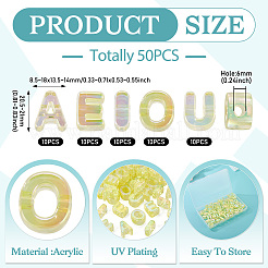 50 個 5 スタイル UV メッキレインボー虹色アクリルビーズ  イニシャルビーズ  アエイオウ  淡黄色  20.5~21x8.5~18x13.5~14mm  穴：6mm  10個/スタイル&nbsp;OACR-TA0004-67B