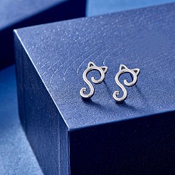 ロジウムメッキ 925 スターリングシルバーのかわいい猫の女性用スタッド イヤリング  プラチナ  17x10mm  ピン：1mm&nbsp;JE934A