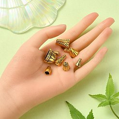 72 個 10 スタイルのチベットスタイル合金ビーズキャップ & コーン  アンティーク黄金  8~13x7~20x7~12mm  穴：1~2.5mm  7個/スタイル&nbsp;TIBE-YW0001-57