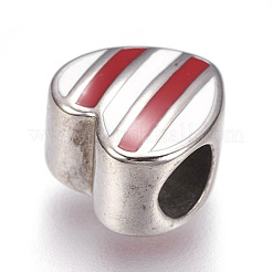 304ステンレススチールヨーロピアンビーズ  エナメル  大穴ビーズ  ハート  ステンレス鋼色  レッド  11x11x8mm  穴：5mm&nbsp;STAS-F195-109B