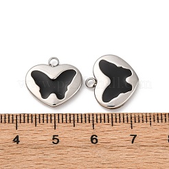 304ステンレススチールエナメルチャーム  蝶のチャーム付きハート  ステンレス鋼色  14x15x3mm  穴：2mm&nbsp;STAS-L022-008P-A
