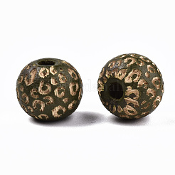 塗装天然木ビーズ  レーザー彫刻模様  ヒョウ柄のラウンド  ダークオリーブグリーン  10x8.5mm  穴：2.5mm&nbsp;WOOD-T021-53A-04