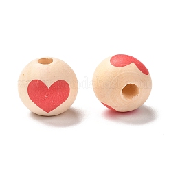 プリントウッドヨーロピアンビーズ  大穴ビーズ  ハート柄の丸  レッド  16x15mm  穴：4mm&nbsp;WOOD-F011-10A