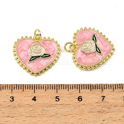 真鍮製エナメルペンダント  花のチャーム付きハート  18KGP本金メッキ  ピンク  21x22x3mm  穴：3mm&nbsp;KK-CBA9175-34G-01