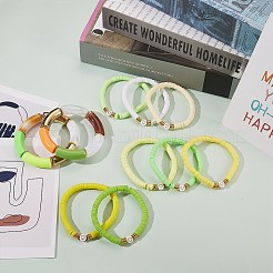 10個10スタイル手作りポリマークレイヘイシビーズストレッチブレスレットハート付き  女性のためのアクリル分厚いカーブチューブブレスレット  緑黄  内径：2-1/8インチ（5.5cm）&nbsp;BJEW-SW00036-04