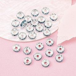 真鍮製A級ラインストーンスペーサービーズ  カドミウムフリー＆鉛フリー  ストレートフランジ  ロンデル  銀  アクアマリン  8x3.8mm  穴：1.5mm&nbsp;RB-A014-Z8mm-03S
