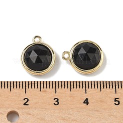 天然黒曜石のファセット加工されたフラットラウンドいチャーム  ラックメッキ真鍮セッティング付き  長持ちメッキ  ゴールドカラー  14.5x12x5.5mm  穴：1.4mm&nbsp;G-U028-03G-14