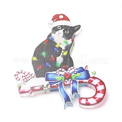 クリスマス猫の形のアクリルペンダント装飾  ナイロンロープと鉄のベル付き  車のバックミラー吊り飾り用  キャンディー棒  79x63x4mm  穴：2.5mm&nbsp;HJEW-E007-01G-06