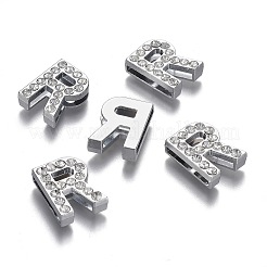 合金文字スライドチャーム  クリスタルラインストーン付き  カドミウムフリー＆鉛フリー  プラチナ  文字.r  20x15.5x7mm  穴：2.5x18mm&nbsp;RB-F034-01R-P-RS