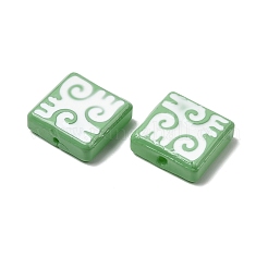ペイントガラスビーズを焼く  シンボル付きの正方形  エナメル  グリーン  18x18x6mm  穴：1.4mm&nbsp;LAMP-Z017-03C