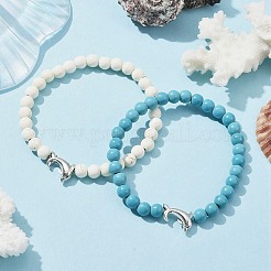 2Pcs 2 Color Tibetan Style Alloy Dolphin & Synthetic Turquoise Round Beaded Stretch Bracelets Set&nbsp;BJEW-JB09895