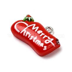 クリスマスの不透明な樹脂ペンダント  プラチナ鉄ループ付き  レッド  メリークリスマス  15x22x6.5mm  穴：2mm&nbsp;LS-CRES-D314-02P-04