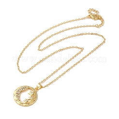 Brass Pave Cubic Zirconia Flat Round with Star Pendant Necklaces for Women&nbsp;NJEW-S429-02G-02