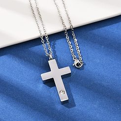 304ステンレススチールパヴェクリアキュービックジルコニアクロスペンダントペット骨壷灰ネックレス  ステンレス鋼色  21.85インチ（55.5cm）&nbsp;NJEW-S455-07P