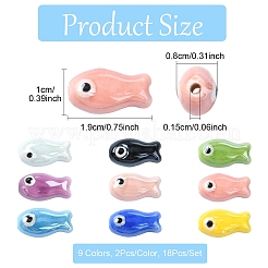 18本9色手作り磁器セラミックビーズ連売り  手描き  光沢釉の磁器  魚  ミックスカラー  19x10x8mm  穴：1.5mm  2個/カラー&nbsp;PORC-YW0001-16