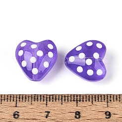 透明ガラスエナメルビーズ連売り  ドット付きハート  暗い蘭  14~14.5x14~14.5x9~10mm  穴：0.7~0.8mm  約20個/連  10.24インチ（26cm）。&nbsp;GLAA-N061-10B