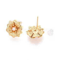 真鍮 ABS イミテーションパール スタッド イヤリング  花  ニッケルフリー  18KGP本金メッキ  14x14mm&nbsp;EJEW-T048-06G