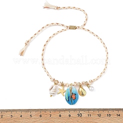 Boho Ocean Printed Natural Cowrie Shell & 304 Stainless Steel Starfish & Turtle Synthetic Turquoise Charm Braided Adjustable Anklets&nbsp;AJEW-AN00852