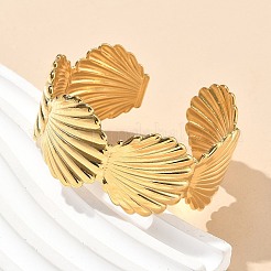 女性用304ステンレススチールカフバングル  シェル形状  イオンプレーティング（ip）  14KGP本金メッキ  内径：2x2-1/8~2-1/4インチ（5x5.5~5.7cm）&nbsp;AJEW-P127-20G