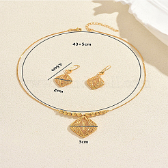 Vintage Brass Hollow Geometric Rhombus Pendant Necklace & Hook Earring Set for Women Events&nbsp;BE3465