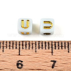 メッキアクリルビーズ  文字付きのキューブ  ゴールドライン入り  U字  4.5x4.5x4.5mm  穴：2mm  約6250個/500g&nbsp;OACR-N140-01C-U