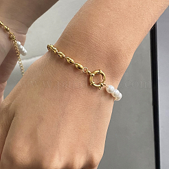 女性用ファッションプラスチックパール＆304ステンレススチールオーバルビーズリンクブレスレット  18KGP本金メッキ  6-3/4インチ（17cm）&nbsp;UP6693
