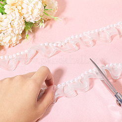 スノーガーゼプリーツレーストリム  プラスチックビーズ付きシフォンレースリボン  ホワイト  1-3/8インチ（35mm）  6ヤード&nbsp;OCOR-GL0001-10