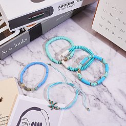 ラウンドストーン＆ポリマークレイヘイシビーズストレッチブレスレットセット  女性のためのヒトデスタッカブルプレッピーブレスレット  アクアマリン  内径：2-1/4~3-5/8インチ（5.6~9.3cm）  5個/セット&nbsp;BJEW-SZ0002-13