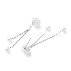 925スターリングシルバースタンドピアス  樹脂の花と模造真珠ビーズ付き  プラチナ  51.5x9.5mm&nbsp;EJEW-P296-03P