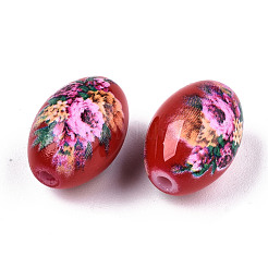 印刷およびスプレー塗装された不透明なガラスビーズ  花柄のオーバル  レッド  15x10mm  穴：1.6mm&nbsp;GLAA-S047-07B-D01