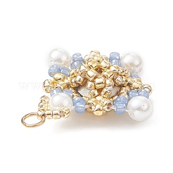 K9 ガラス＆シェルパール＆シード編み込みペンダント  菱形チャーム  ライトブルー  25.5x23x7mm  穴：2mm&nbsp;PALLOY-MZ00139-02
