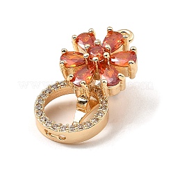 真鍮、キュービックジルコニア付きフォールドオーバークラスプ  花と丸いリング  ゴールドカラー  花：19.5x12x11mm  穴：1.4mm  ラウンドリング：12x3mm  穴：1mm  9mm内径&nbsp;KK-G484-01B-G