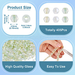 電気メッキ透明ガラスビーズ405個  双円錐形  虹メッキ  多面カット  グリーン  3.5x4.5mm  穴：1.4mm&nbsp;GLAA-TA0003-66E