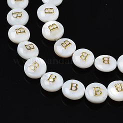 天然淡水シェルビーズ  エナメル  水平穴  アルファベット付きのフラットラウンド  文字.b  8x3.5~4.5mm  穴：0.5mm  約40個/連  12.20~12.60インチ（31~32cm）&nbsp;SHEL-S276-168B