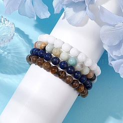 4Pcs Constellation 8mm Round Natural Lapis Lazuli & Malaysia Jade & Flower Amazonite & Yellow Tiger Eye Beaded Stretch Bracelets for Women&nbsp;BJEW-JB10638
