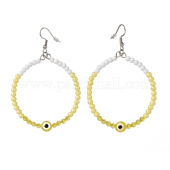 レジンナザールボンジュウ＆アクリルビーズビッグリングダングルピアス  女性用304ステンレスジュエリー  きいろ  77mm  ピン：0.6mm&nbsp;EJEW-JE04999-03