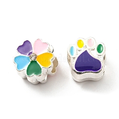 合金エナメルヨーロピアンビーズ  大穴ビーズ  プラチナ  花と蝶と足跡  ミックスカラー  12x10.5x7.5mm  穴：5mm&nbsp;ENAM-D053-02P