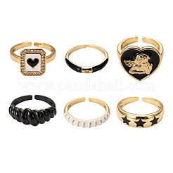 6ピース6スタイルゴールデンブラスカフリング  オープンリング  スター＆テクスチャード＆ハート＆レクタングル＆バンブージョイント  ホワイト  ブラック  1個/スタイル&nbsp;RJEW-LS0001-04